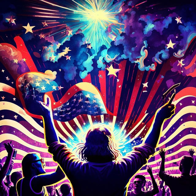 Crowd celebrating Independence Day with flags and fireworks in psychedelic neon colors, Midjourney V4