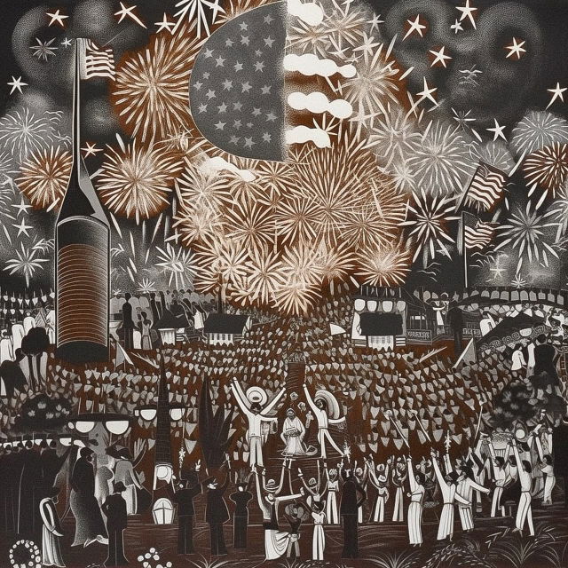 Independence Day celebration with fireworks and crowds, rendered as a black-and-white painting, Midjourney V5