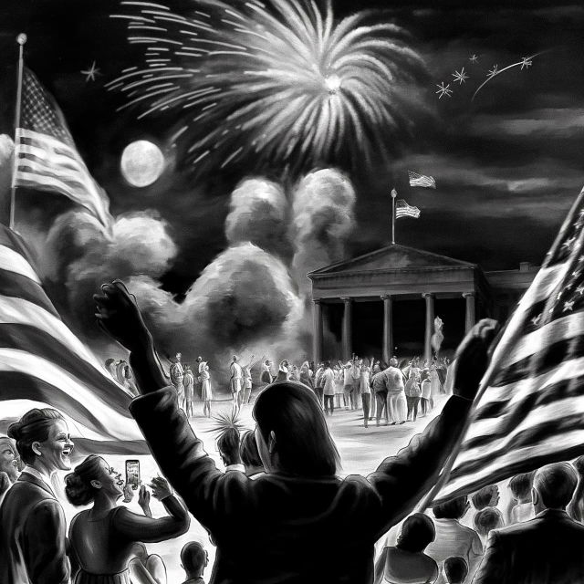 Independence Day celebration with flags and fireworks, rendered in dramatic black-and-white paint, Midjourney V4