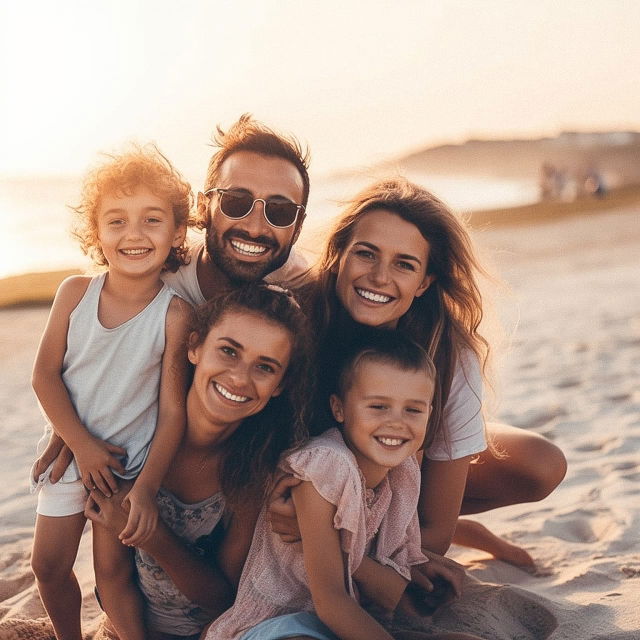Happy family smiling together on a beach in warm, softly lit natural colors, Midjourney V5
