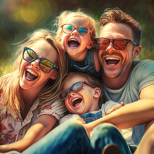 Happy family laughing outdoors in bright daylight, rendered in warm, colorful painterly realism, Midjourney V4