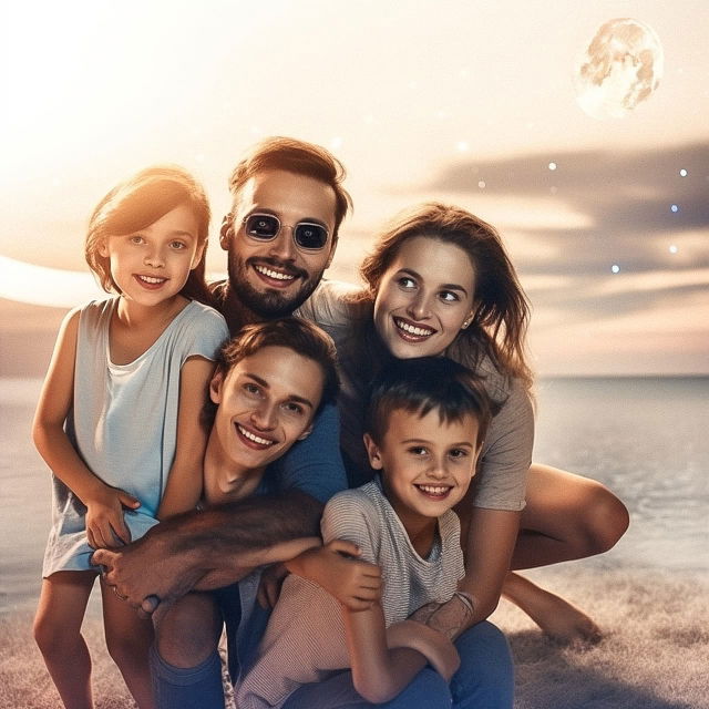 Happy family gathered outdoors at dusk, rendered as a warm-toned, softly lit digital portrait, Midjourney V5
