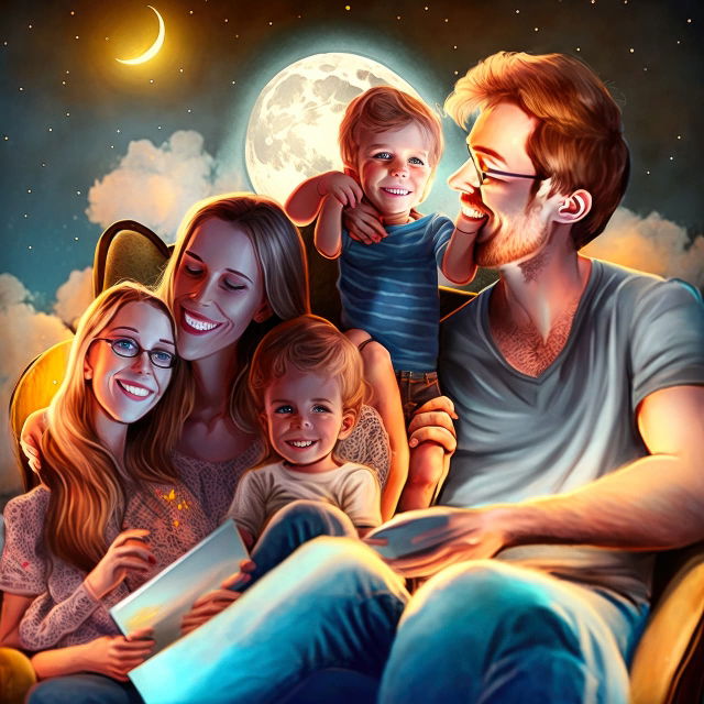 Happy family gathered under a moonlit sky, rendered in warm, colorful digital illustration, Midjourney V4