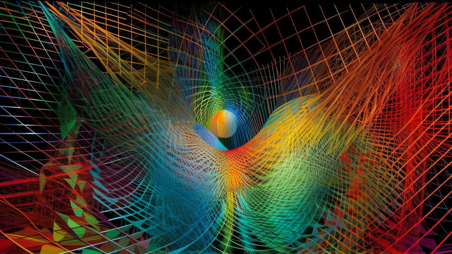 Abstract flowing geometric forms in vivid rainbow colors, glowing against a dark background, Midjourney V5