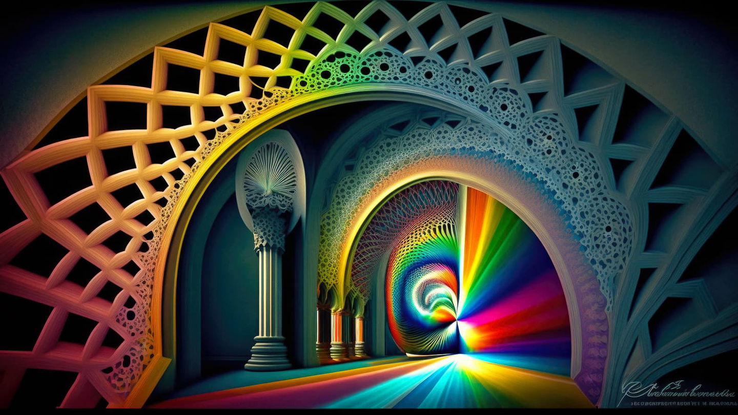 Ornate arched corridor with rainbow light vortex, digitally rendered in vivid neon colors, Midjourney V4