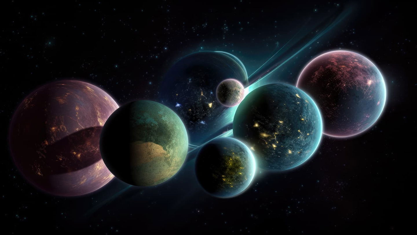 Nine inverted planets floating in space, rendered in luminous teal, violet, and gold cosmic light, Midjourney V5