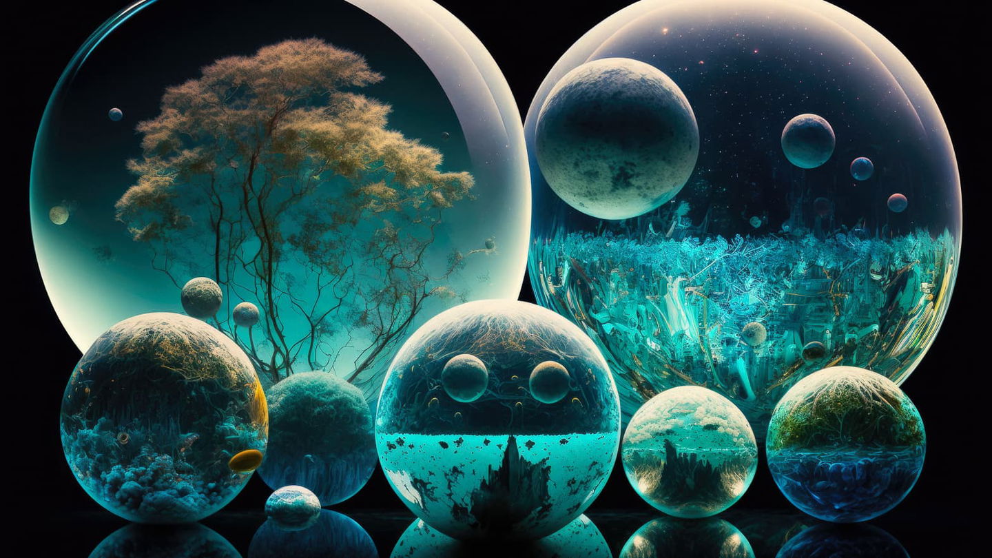 Nine inverted planets with miniature landscapes, rendered as glowing teal and gold surreal spheres, Midjourney V4