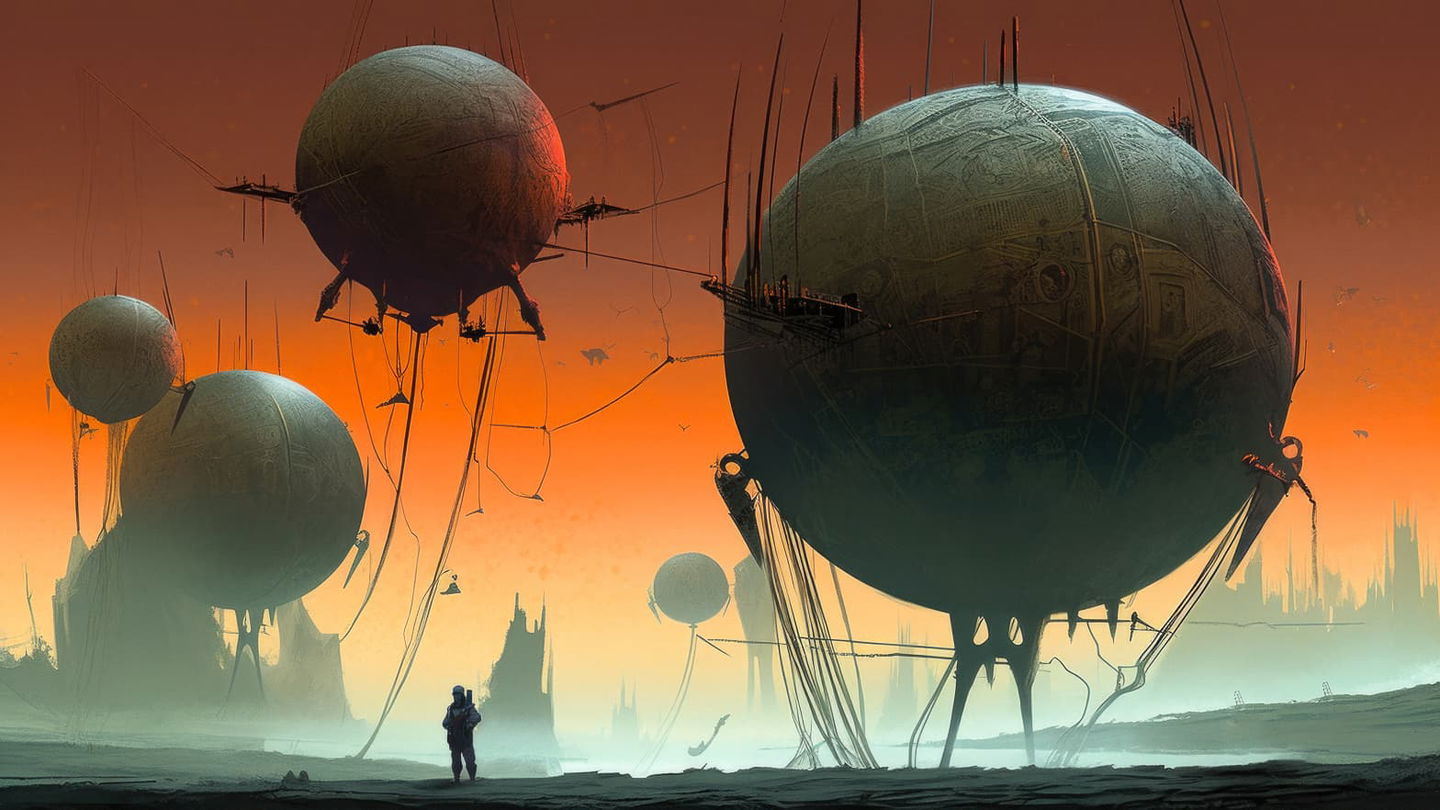 Inverted planets hovering over an alien landscape, in the style of Alex Andreev and Wayne Barlowe, Midjourney V5