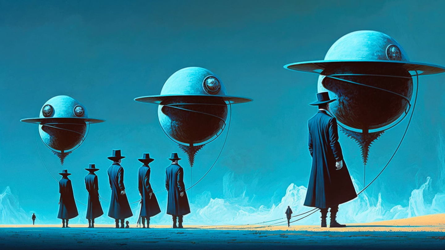 Figures in long coats face inverted ringed planets, surreal digital art in a turquoise palette, Midjourney V4