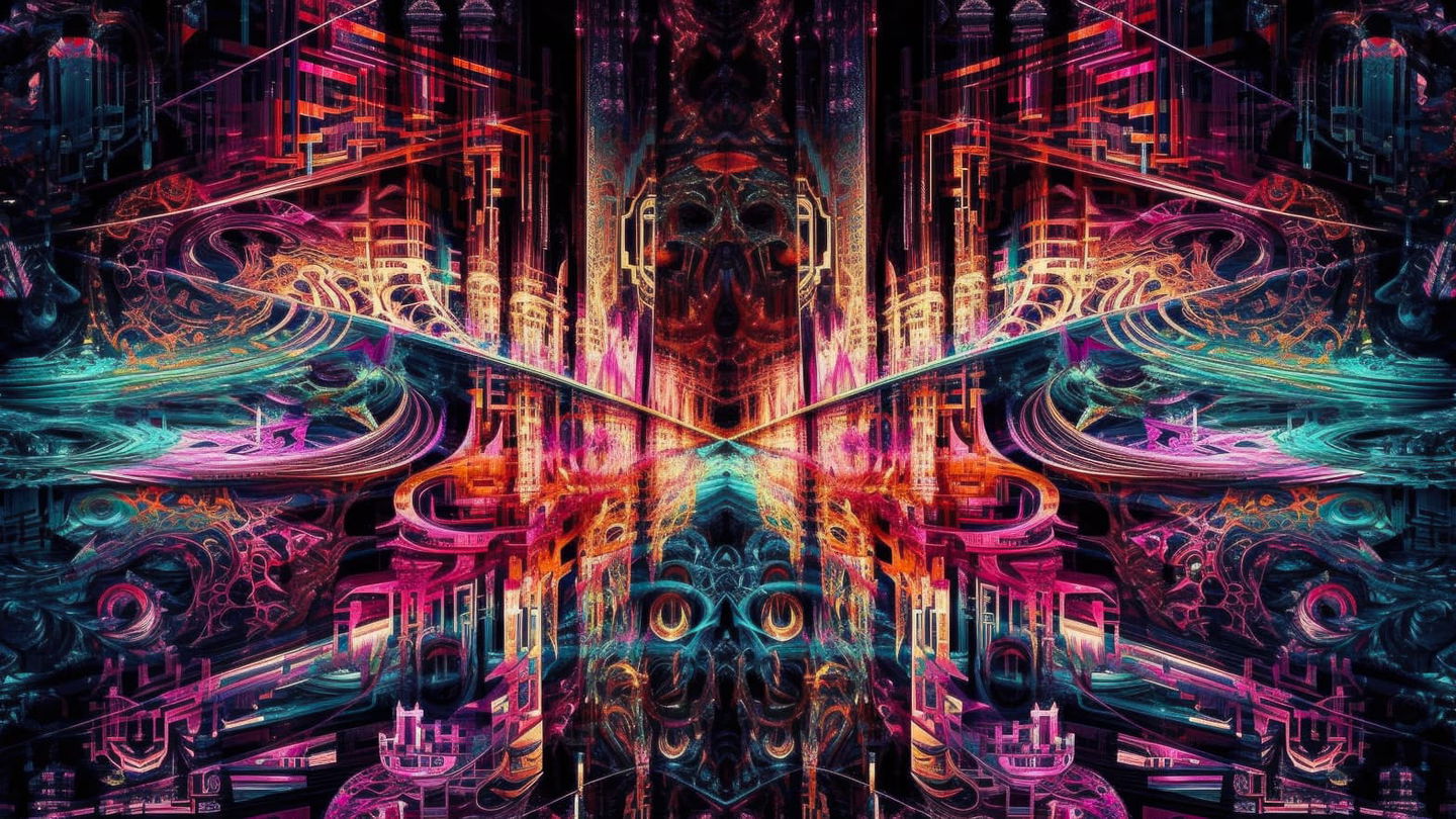 Infinite mirror glitch in the style of Larry Carlson, with neon fractal geometry and vivid colors, Midjourney V5