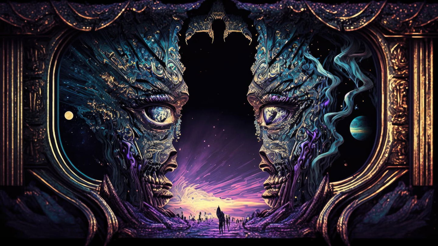 Mirrored alien faces framing a cosmic landscape, ornate glitch art in dark jewel tones, Midjourney V4