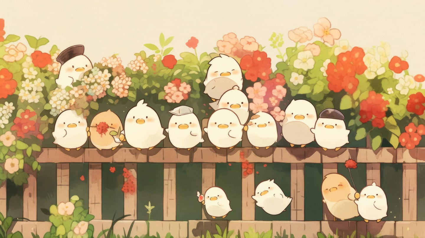 Cute round birds perched on a flower-filled garden fence, in a soft pastel anime style, Midjourney Niji 5