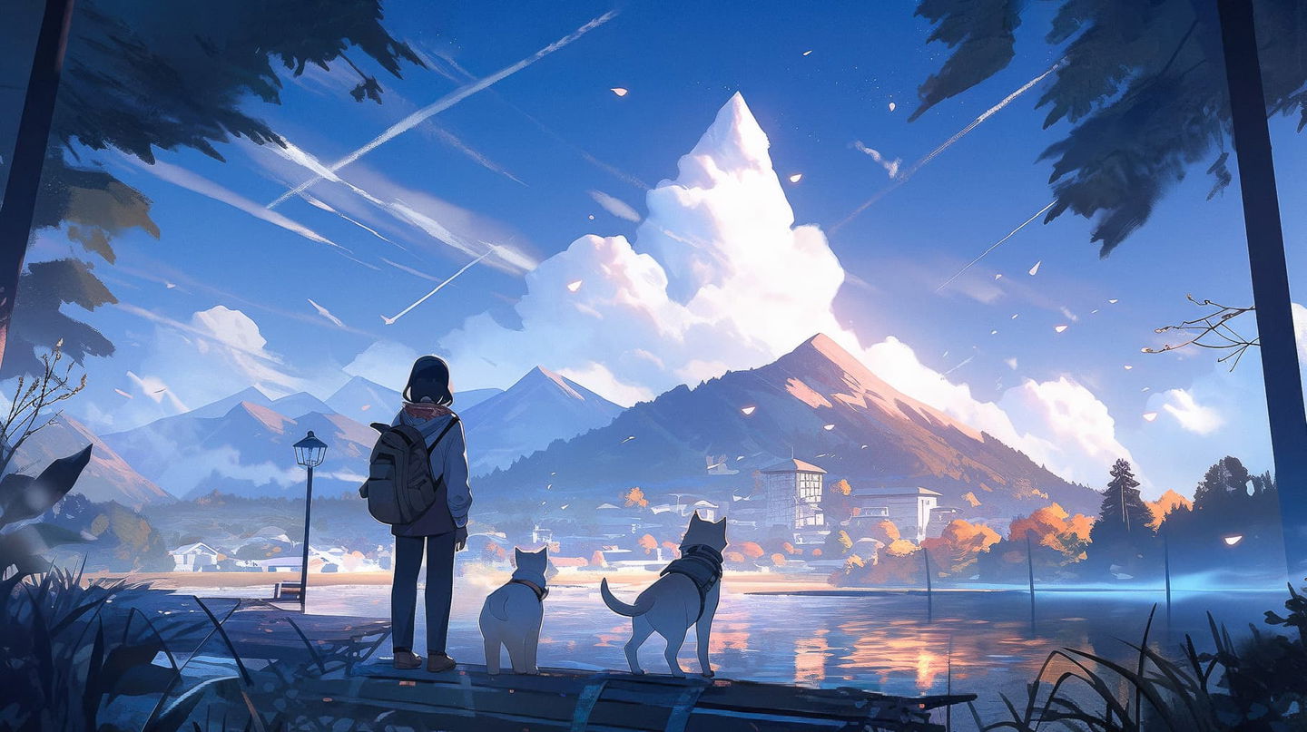 Scenic landscape featuring character and dogs, generated with Midjourney prompt techniques, emphasizing anime aesthetics and Niji 5 style.