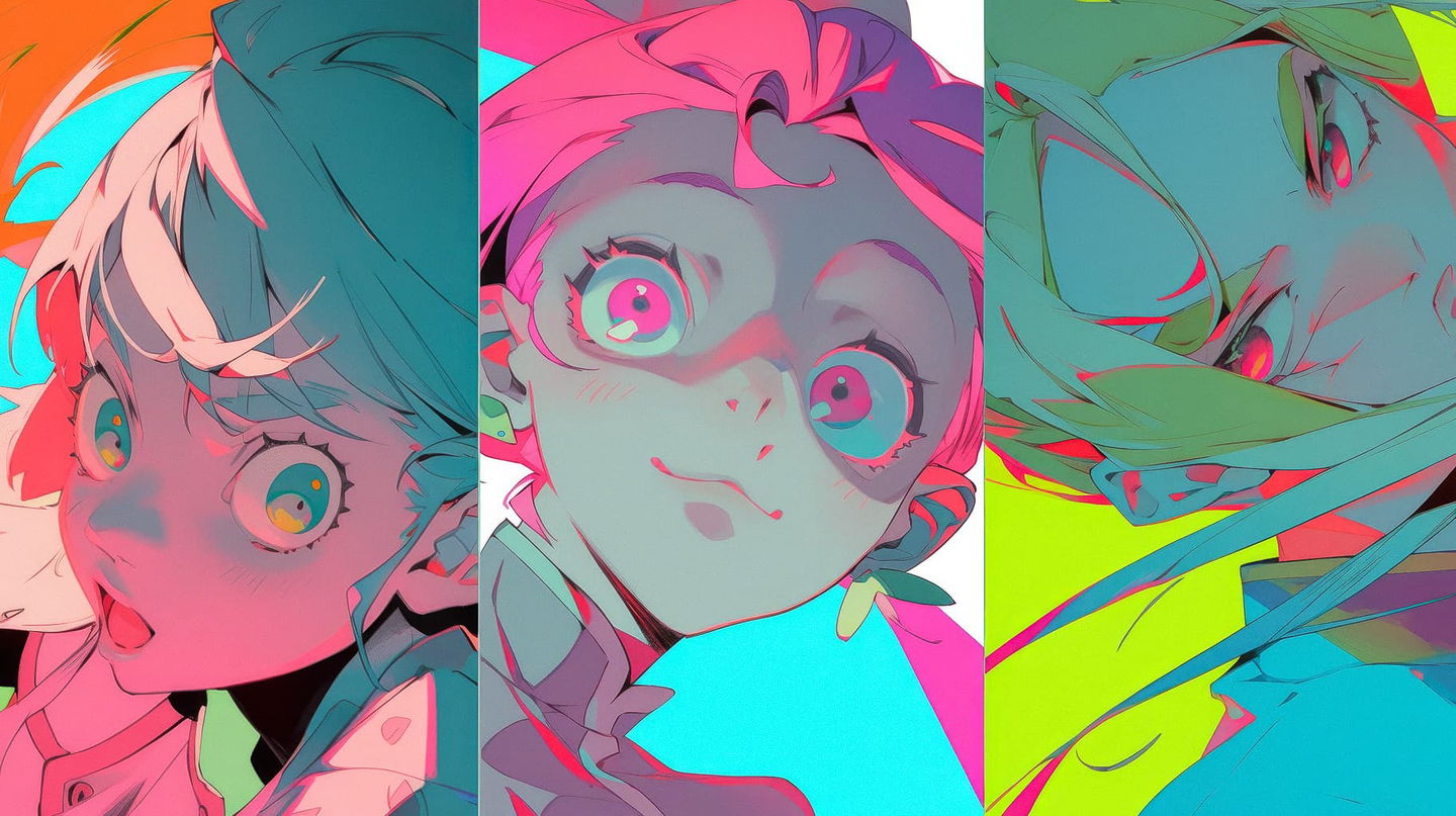 Three expressive anime-style faces in vivid neon pink, teal, cyan, and lime, Midjourney Niji 5