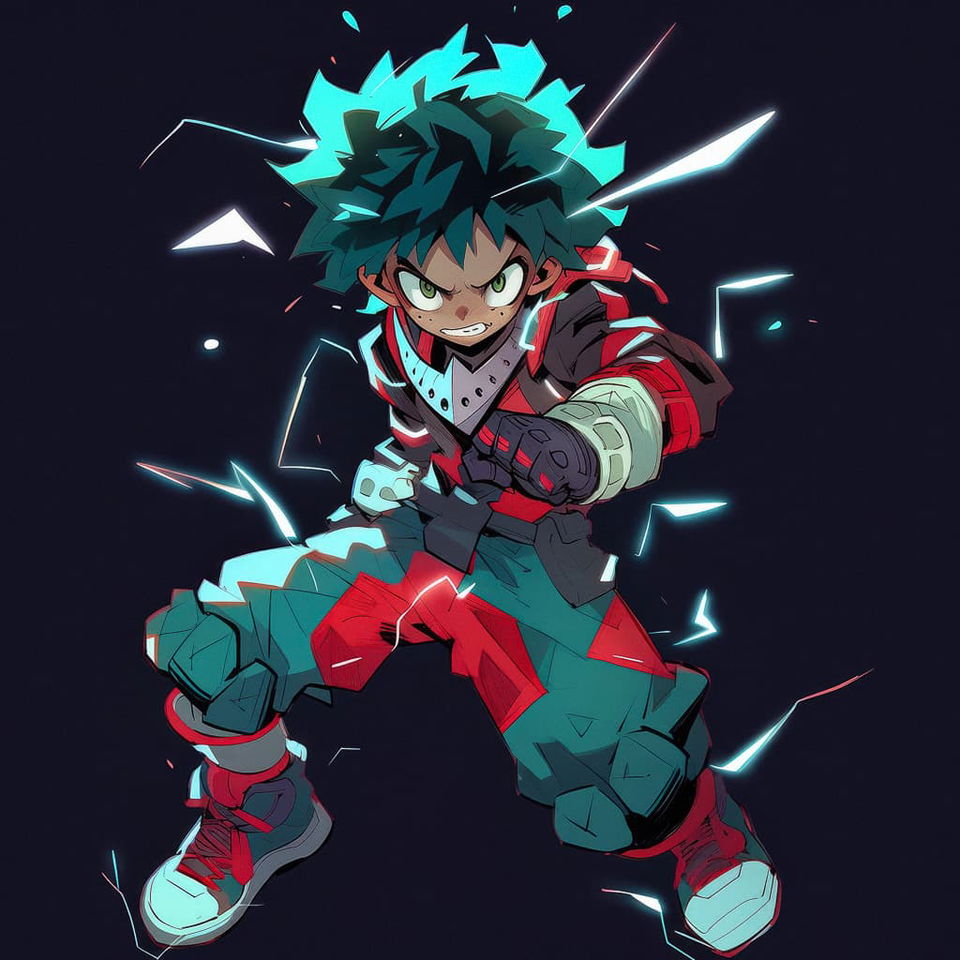 Deku character illustration in Midjourney Niji 5 style, showcasing prompt engineering and anime aesthetics.