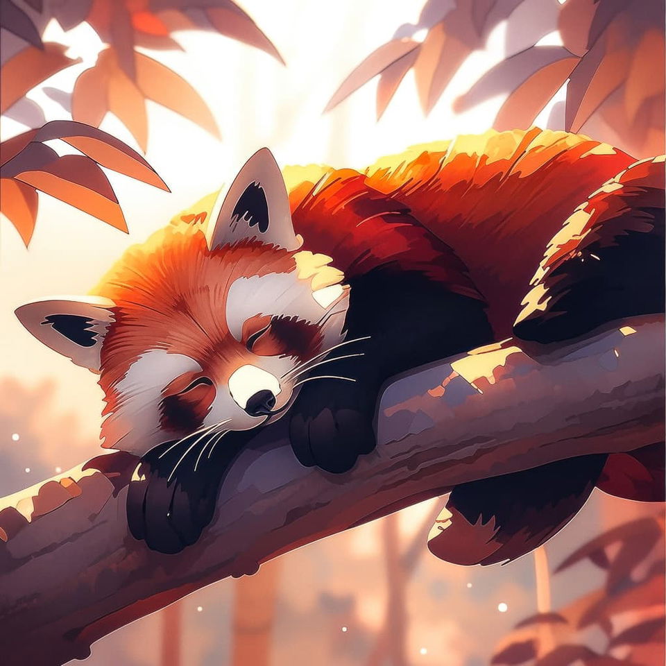 Red panda sleeping on branch, generated using Midjourney prompt --niji 5 --style scenic, showcasing anime aesthetics and character recognition.