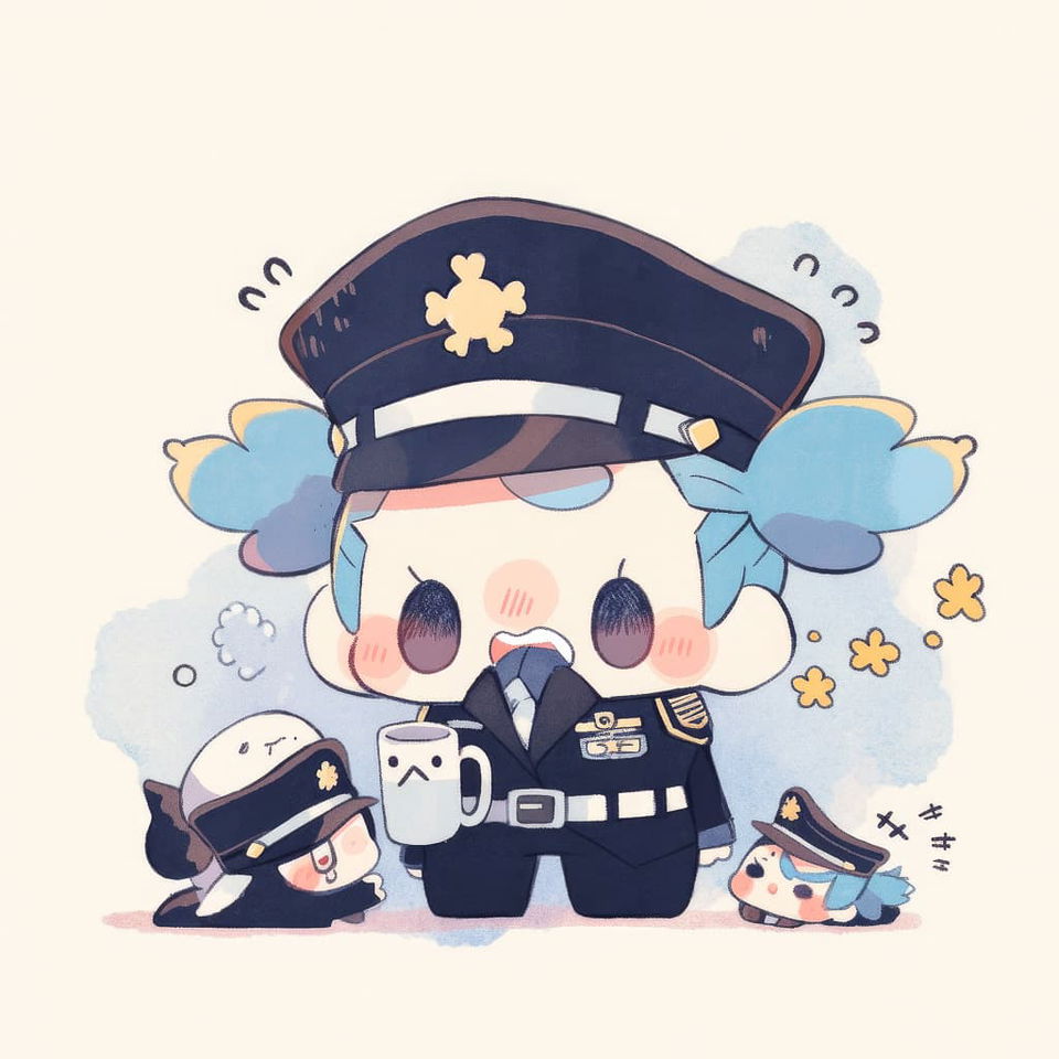 Cute police officer character design in anime style, showcasing Niji 5 prompt techniques for Midjourney art generation.