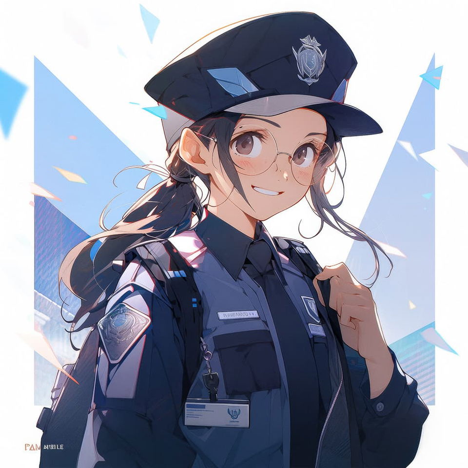 Cute police officer character in anime style, generated with Midjourney prompt --niji 5 --style scenic.
