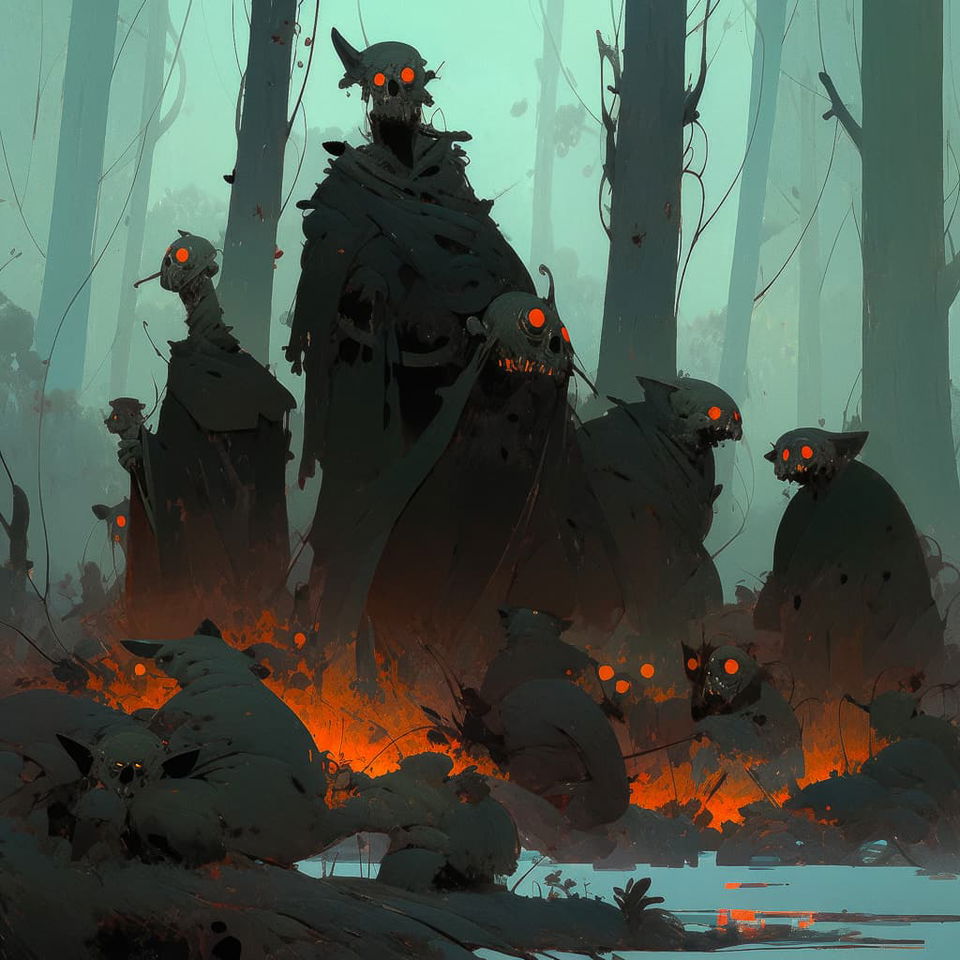 Dark forest scene with horrid creatures, generated using Midjourney niji 5 prompt engineering --niji 5 --style expressive.