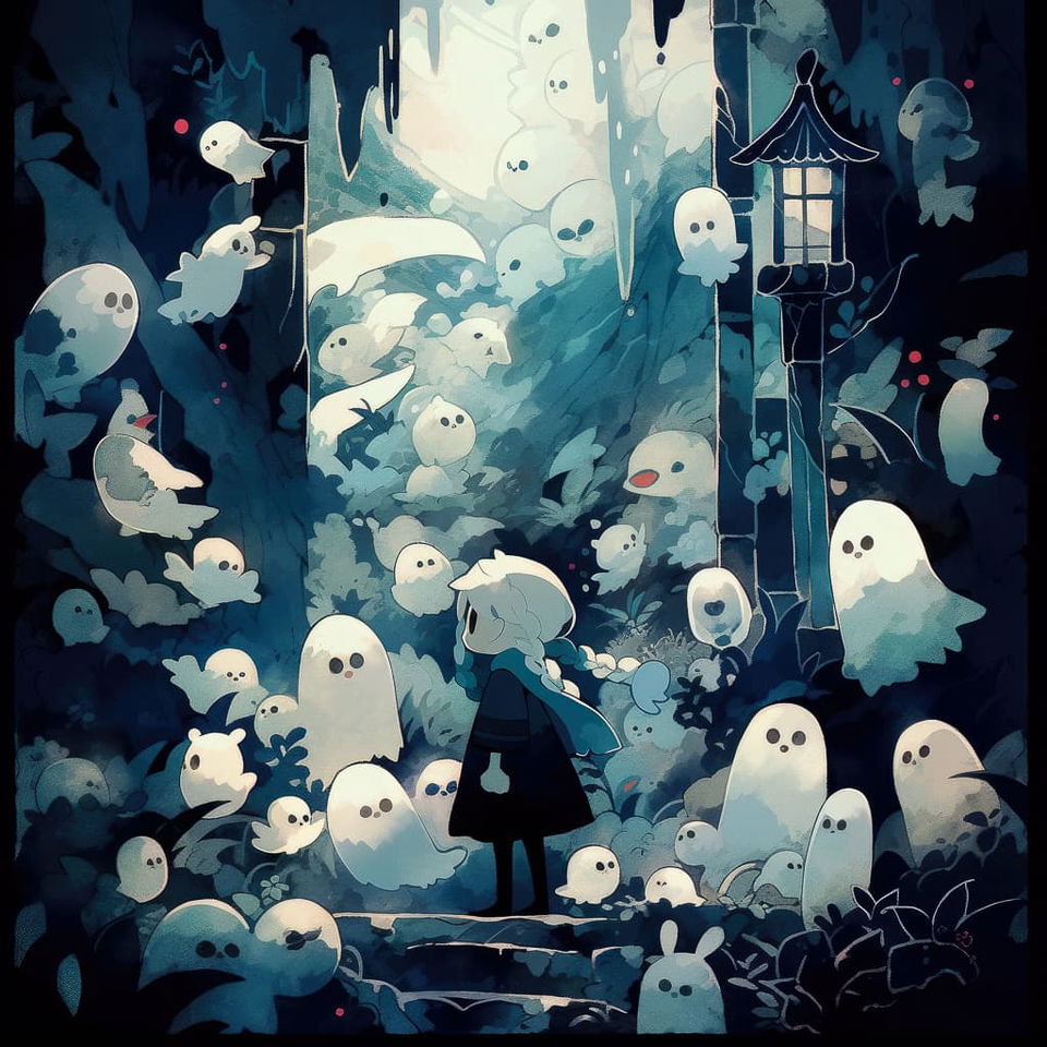 Dark forest scene with cute spirits, character in focus, utilizing Midjourney prompt techniques --niji 5 --style cute.