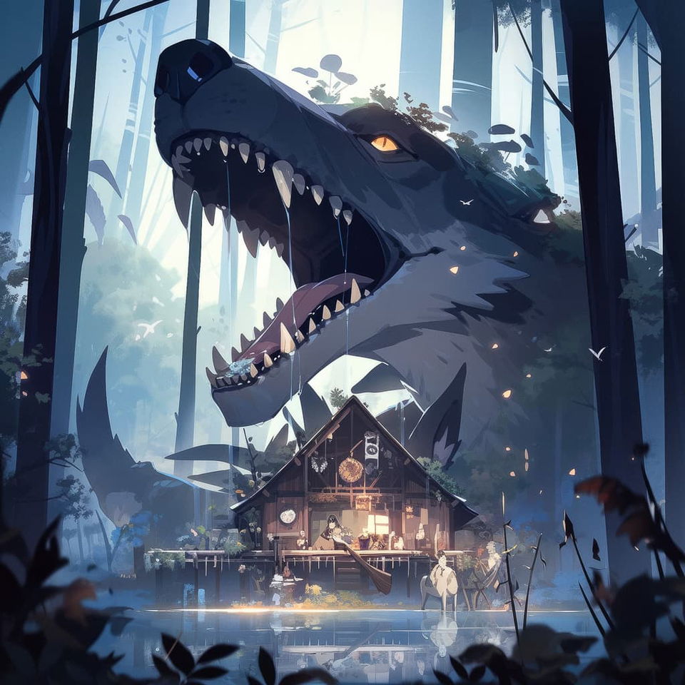 Dark forest scene with large wolf, cabin, characters, --niji 5 --style scenic, showcasing Midjourney prompt techniques.