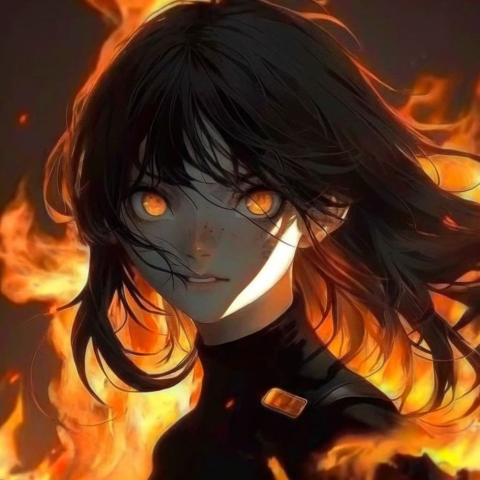 Portrait of character from Chainsaw Man in flames, showcasing Midjourney prompt techniques and anime aesthetics.