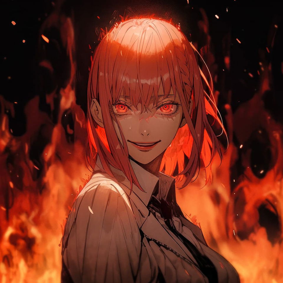 Portrait of Makima from Chainsaw Man in fire, showcasing Niji 5's anime aesthetics and prompt techniques for Midjourney.