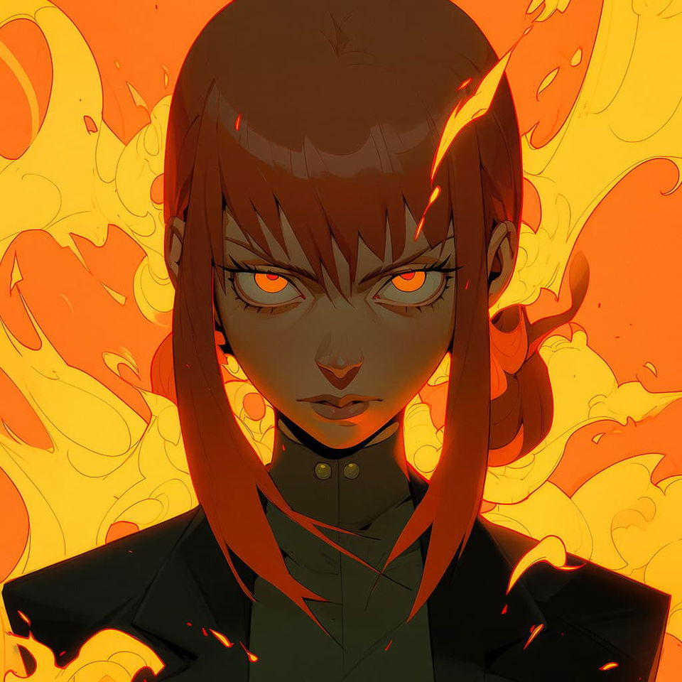 Portrait of Makima from Chainsaw Man in fire, generated using Midjourney Niji 5 with expressive style prompt.