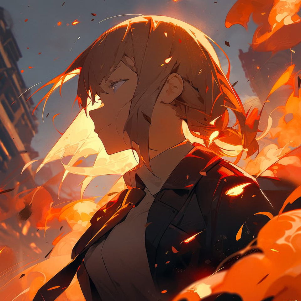 Portrait of Makima from Chainsaw Man surrounded by fire, generated with Midjourney Niji 5 using scenic prompt techniques.