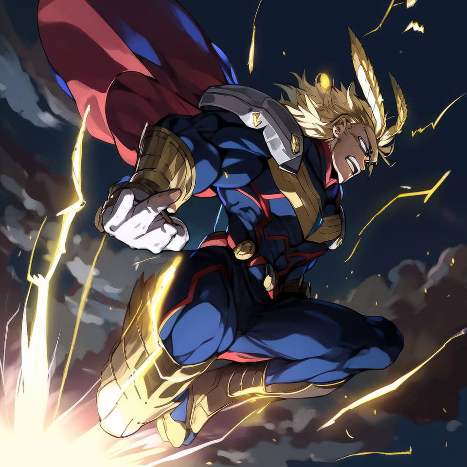 All-Might in flight, showcasing Niji 5's expressive style and prompt engineering techniques in Midjourney.