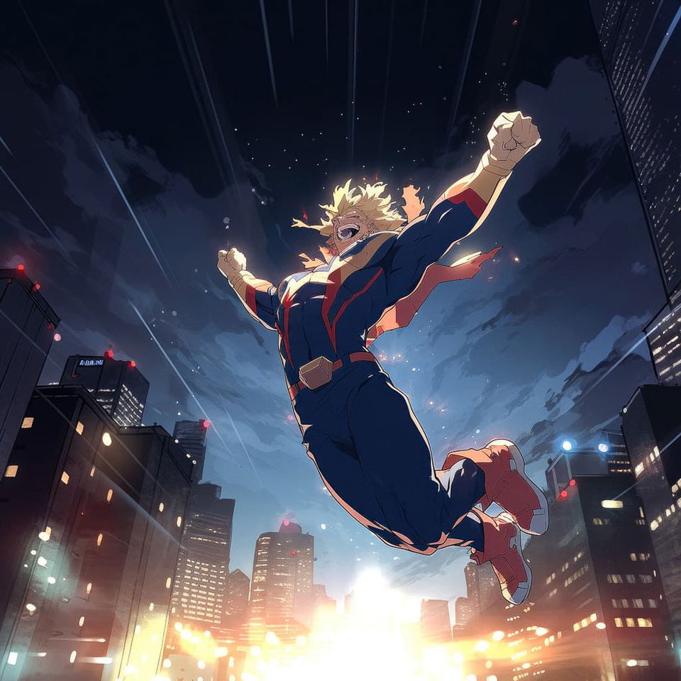 All-Might flying at night in anime style, showcasing Midjourney prompt techniques and Niji 5 features.