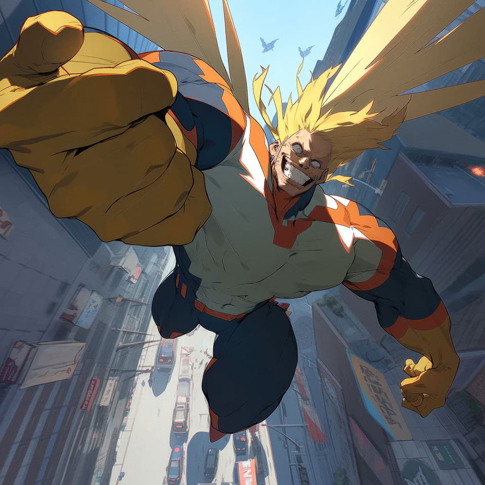 All-Might flying at night in expressive style using Midjourney prompt techniques and Niji 5 features.