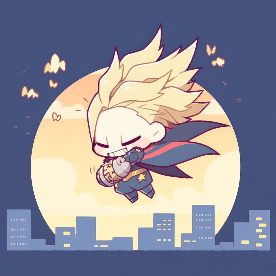 All-Might character flying at night, Niji 5, prompt engineering, --niji 5 --style cute, Midjourney anime aesthetics.