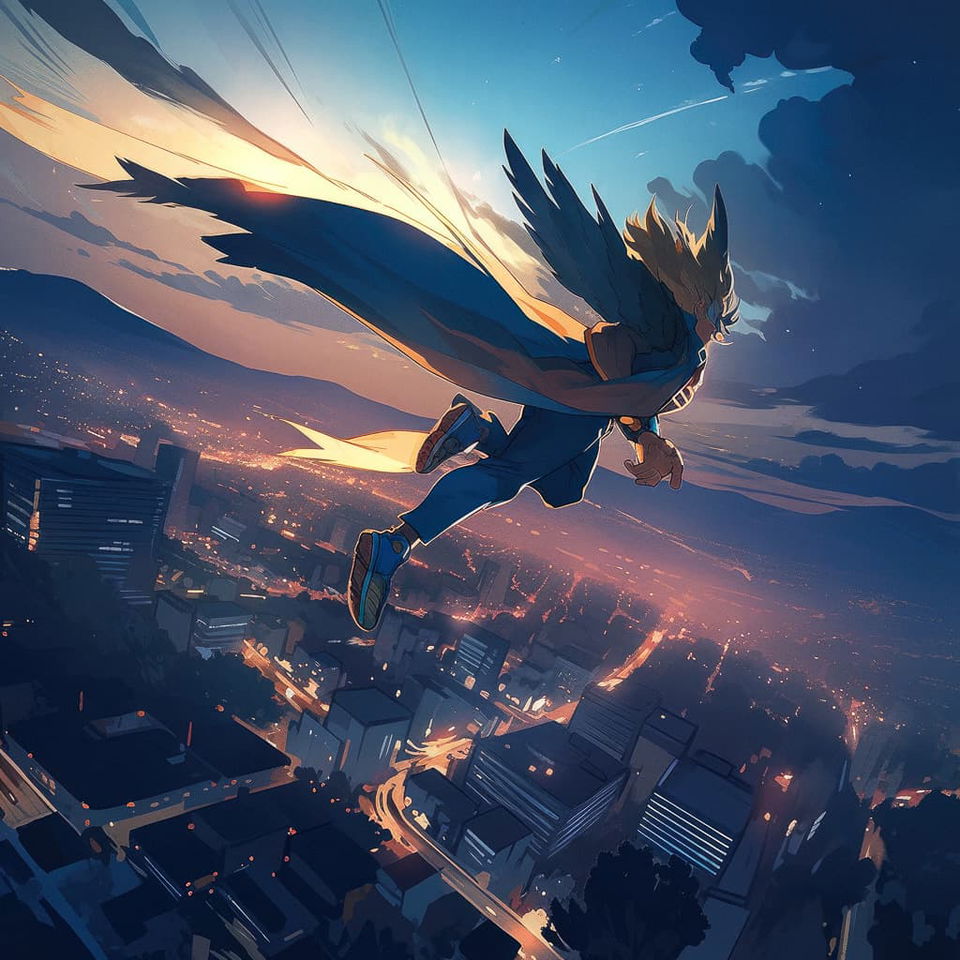All-Might flying at night, showcasing Niji 5's scenic style in Midjourney, emphasizing prompt engineering and anime aesthetics.