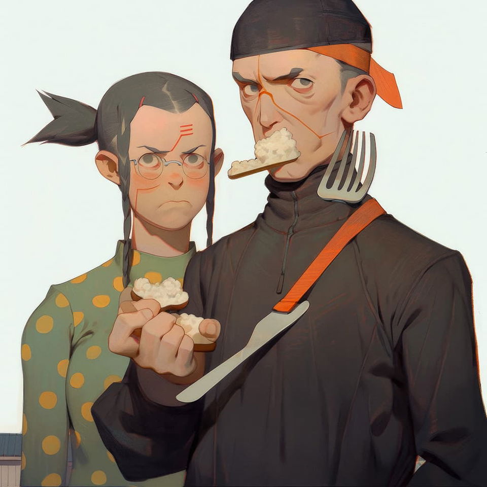 Anime characters holding food, styled in Midjourney Niji 5, prompt: in style of Naruto --niji 5 --style expressive.