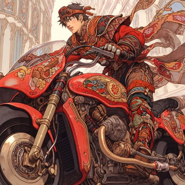 Akira on bike, digital art, Midjourney prompt engineering, Niji 5, anime aesthetics, character recognition, --stylize parameter
