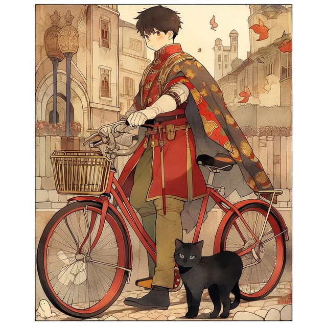 Anime character on bicycle with black cat, styled in Midjourney niji 5, prompt engineering, --style cute, digital aesthetics.