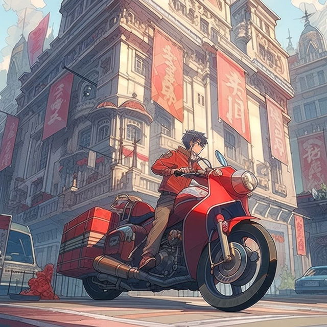 Akira on bike in scenic urban setting, showcasing Midjourney prompt techniques for anime aesthetics, Niji 5, --stylize parameter.