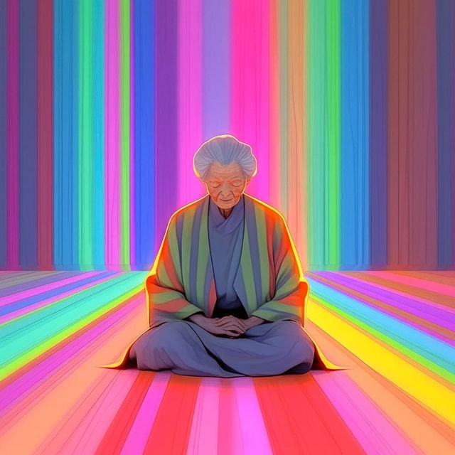 Portrait of serene old woman meditating, vibrant colors, Midjourney prompt engineering, Niji 5, anime aesthetics, character recognition.