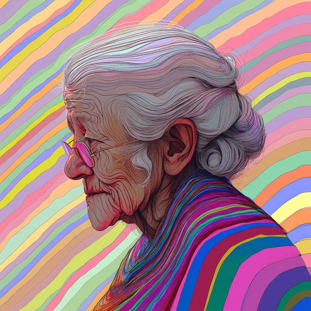 Portrait of serene old woman meditating, generated with Midjourney Niji 5 using expressive style prompt.
