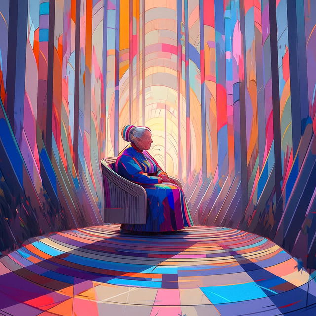 Portrait of serene old woman meditating in colorful environment, generated with Midjourney prompt techniques, Niji 5, --style scenic.