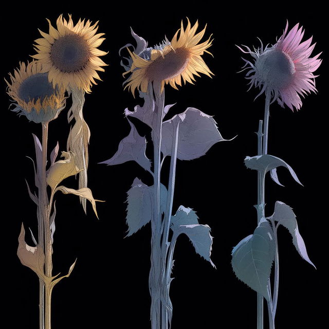 Sunflowers illustration using Midjourney Niji 5, expressive style, showcasing prompt engineering techniques for anime aesthetics.