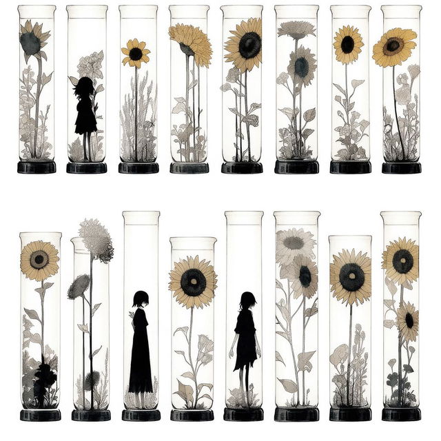 Midjourney prompt showcasing niji 5 anime style with sunflowers and characters in test tubes, emphasizing digital aesthetics and character recognition.