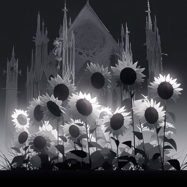 Sunflowers in graveyard, digital art, Midjourney prompt, Niji 5, scenic style, anime aesthetics, character recognition, --stylize parameter.