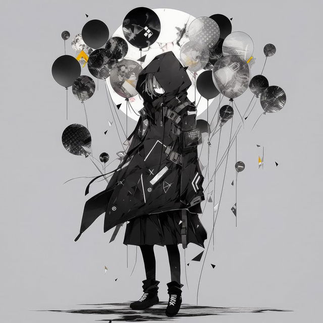 Anime character with balloons in black attire, showcasing Niji 5's style and prompt techniques in Midjourney.