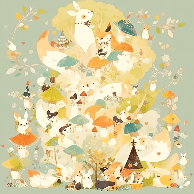 Large gathering of forest creatures in cute style, generated with Midjourney prompt techniques --niji 5 --style cute.