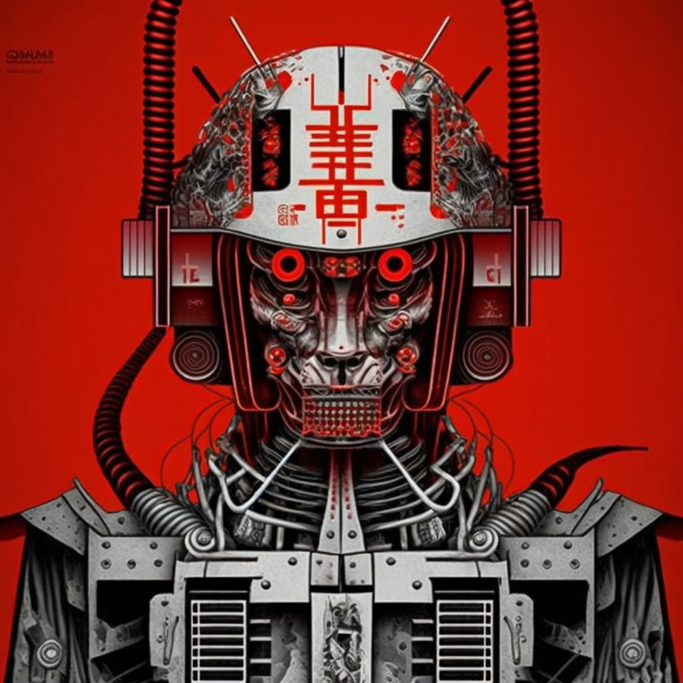 MRI scan of robot samurai --v 4, showcasing Midjourney prompt engineering, AI image generation, detail attention, composition techniques.