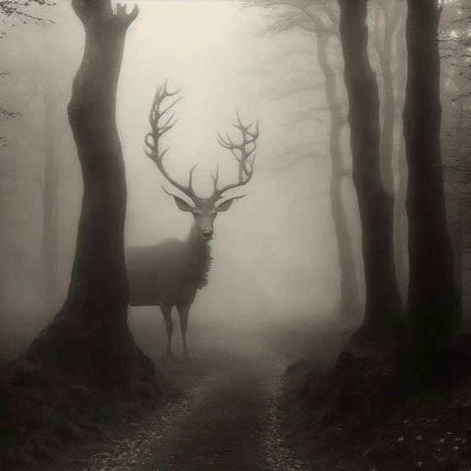 Colossal ancient god of deers in foggy forest, Midjourney prompt engineering, --v 4, artistic blending techniques, photographic previsualization.