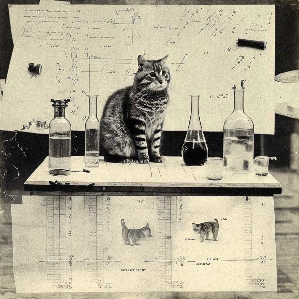 Midjourney prompt for scientific illustration featuring cat on lab table, vintage style, detailed notes, --v 4.