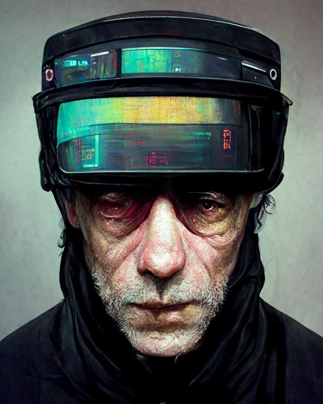 Midjourney prompt for cyberpunk character wearing visor, --iw 0.5 --stylize 1625 --v 3, showcasing AI image generation techniques.
